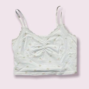Adorable, White, floral/flower pink print, lace, cropped tank top.